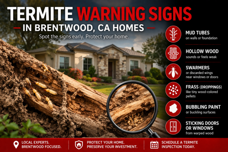 Featured image showing termite-damaged wood in front of a blurred Brentwood, California home, with the words “TERMITE WARNING SIGNS” in bold red text and a sidebar listing common termite warning signs such as mud tubes, hollow wood, swarmers, frass, bubbling paint, and sticking doors or windows.