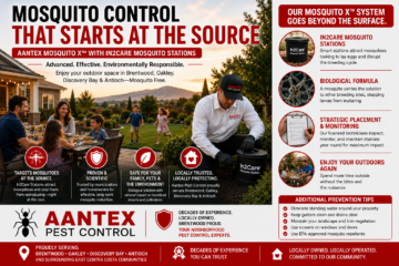 Aantex Pest Control technician installing an In2Care Mosquito Station in a Brentwood backyard while a family enjoys their outdoor living space, showcasing the Mosquito X mosquito control system.