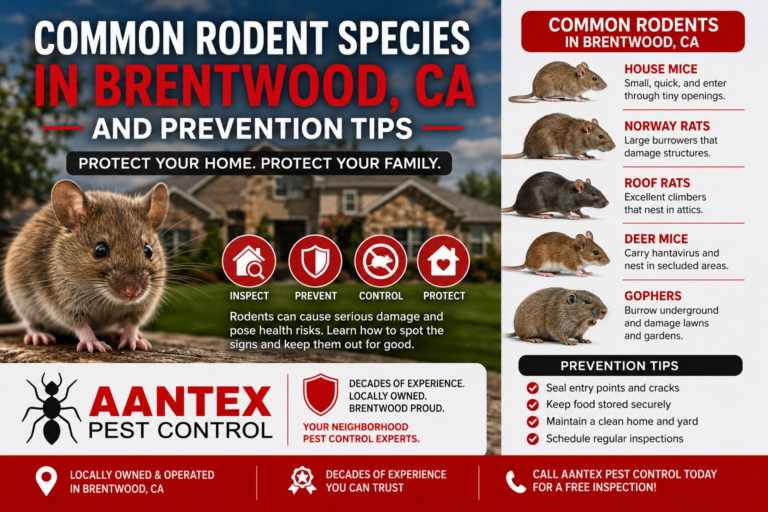 Infographic showing common rodent species in Brentwood, CA with prevention tips from Aantex Pest Control, including mice, rats, deer mice, and gophers.