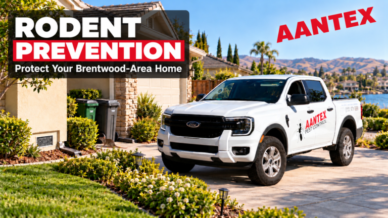 A white Aantex Pest Control truck parked outside a Brentwood home with a small rodent near the trash bins and a “Rodent Prevention” headline.